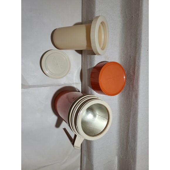 Vintage 3pc Orange Thermos Pint Size Handled Model #7202 King Seeley Hot Cold - Picture 3 of 10